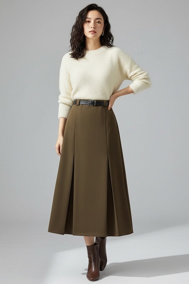 Jupe Plissée Kaki Longue Chic