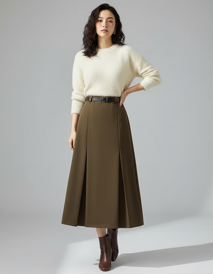 Jupe Plissée Kaki Longue Chic