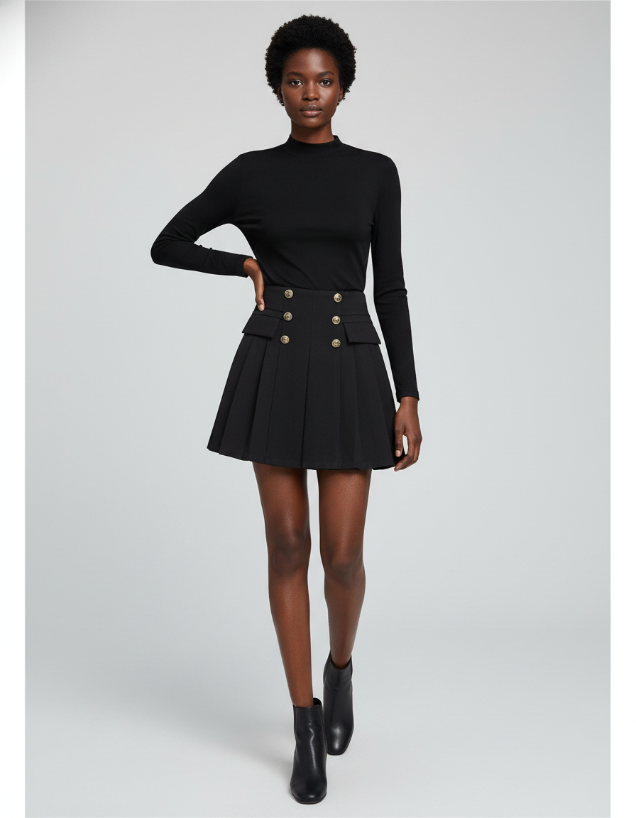 Jupe Plissée noire chic boutons dorés