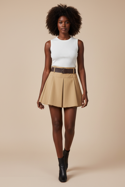 Jupe Plissée beige ceinturée chic