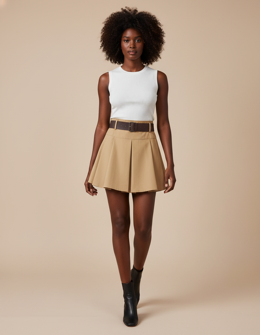 Jupe Plissée beige ceinturée chic