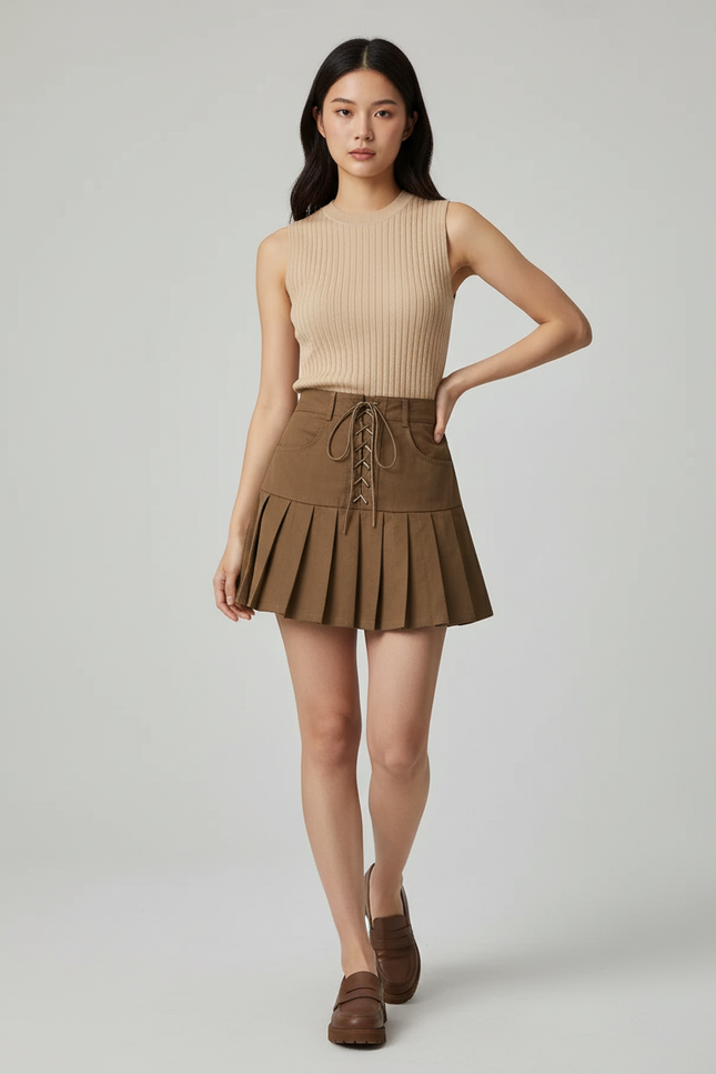 Jupe Plissée Marron Mini Chic raffinée élégante