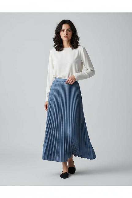 Jupe Plissée Bleue Longue Fluide
