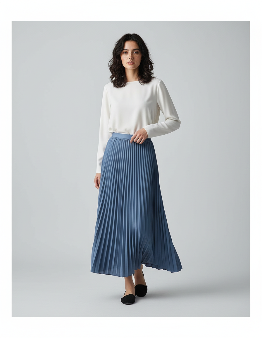 Jupe Plissée Bleue Longue Fluide