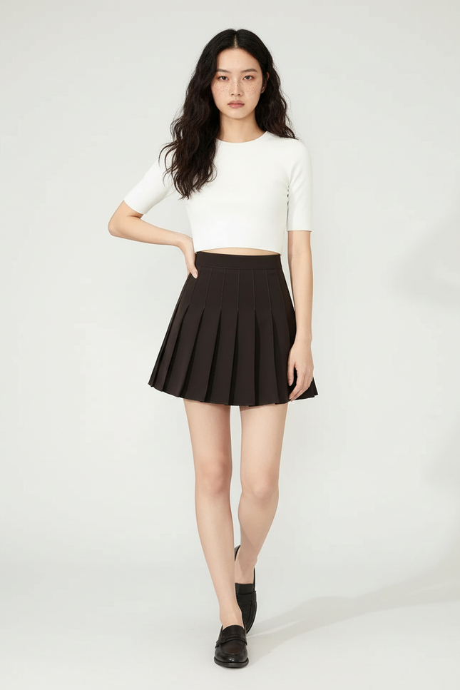 Jupe Plissée Marron Mini Coréenne