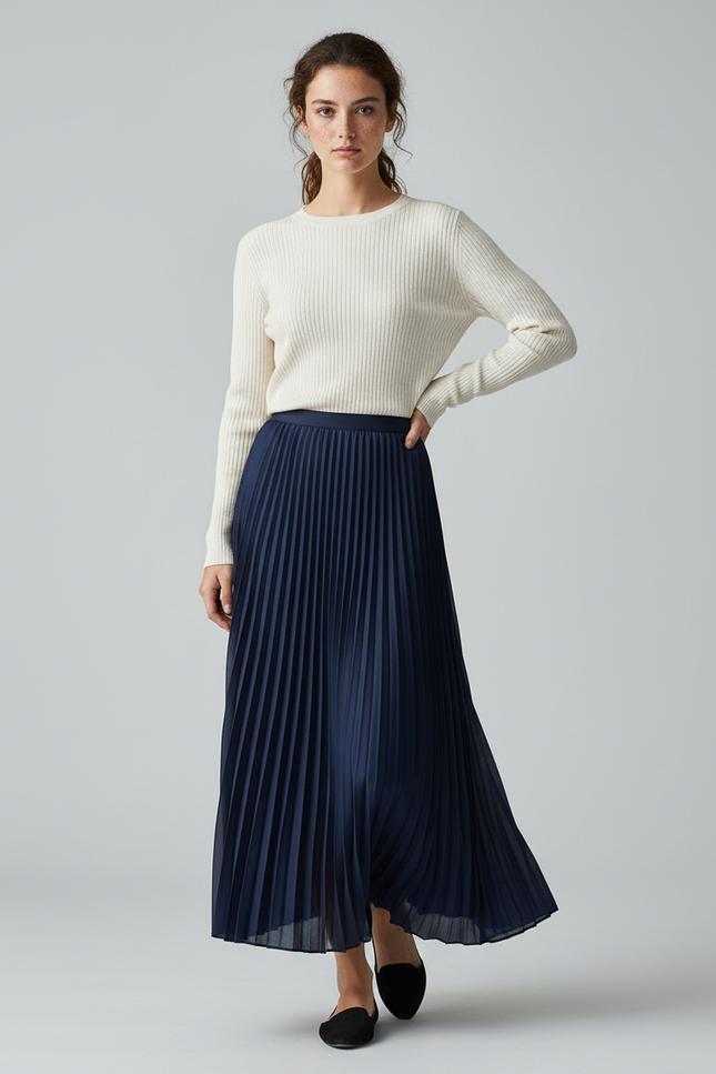Jupe Plissée Bleu Marine Longue Fluide