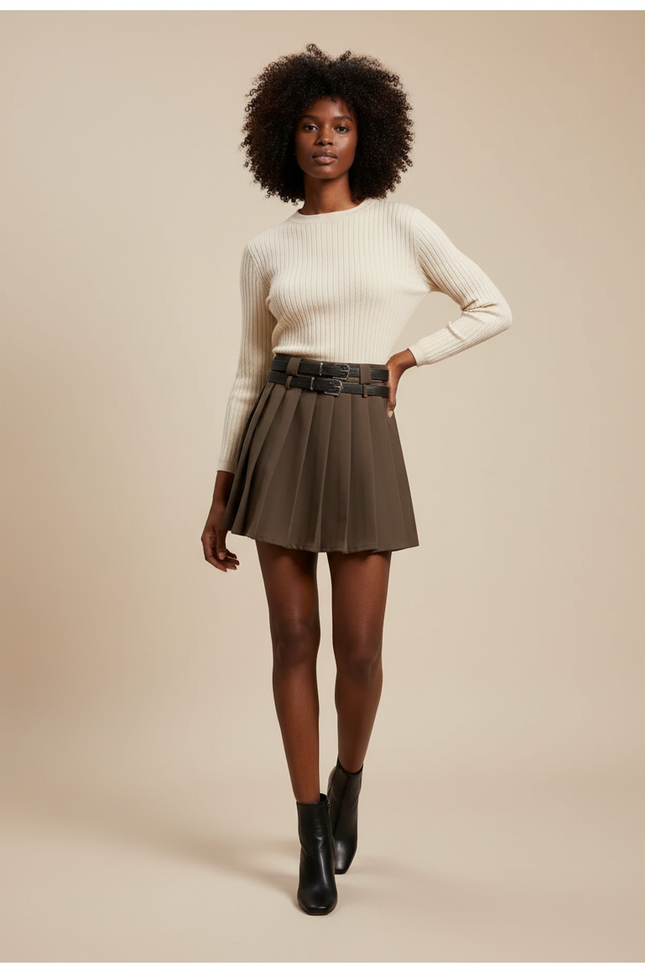 Jupe Plissée Marron Double Ceinture Vintage