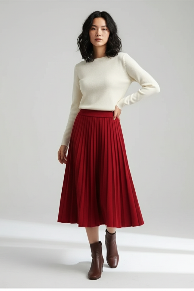 Jupe Plissée Rouge Évasée Élégante