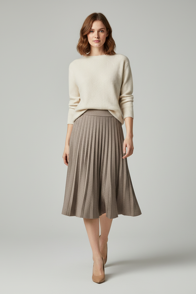 jupe plissée mi longue beige