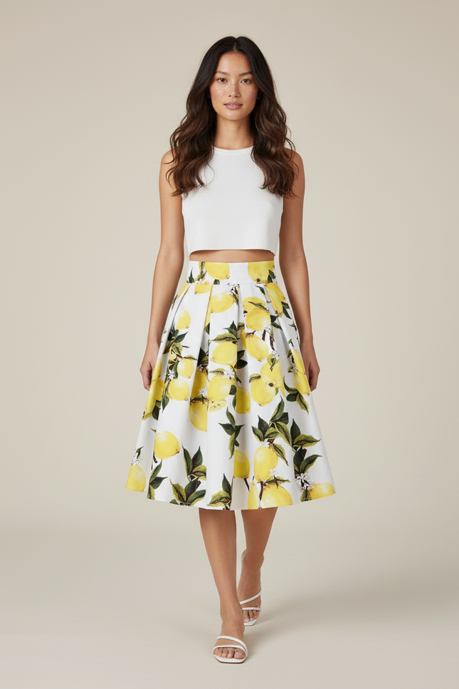 Jupe Plissée blanche motif citron estivale