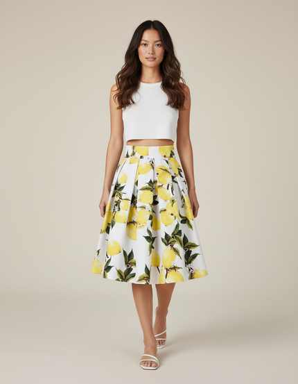 Jupe Plissée blanche motif citron estivale