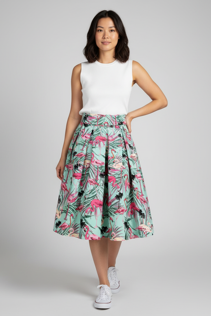Jupe Plissée Motif Flamant Tropical Fluide