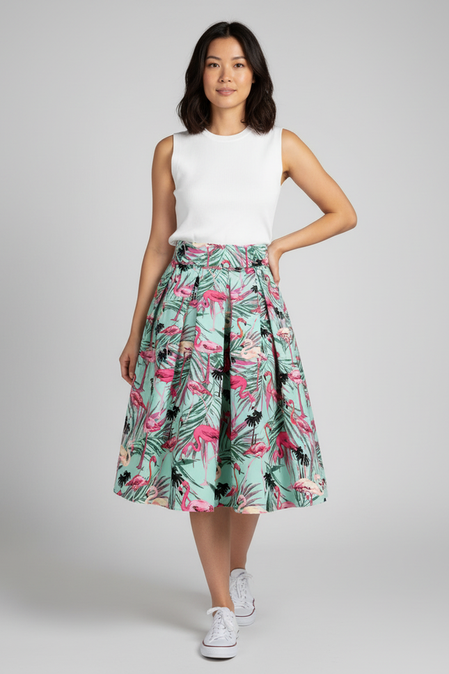 Jupe Plissée Motif Flamant Tropical Fluide