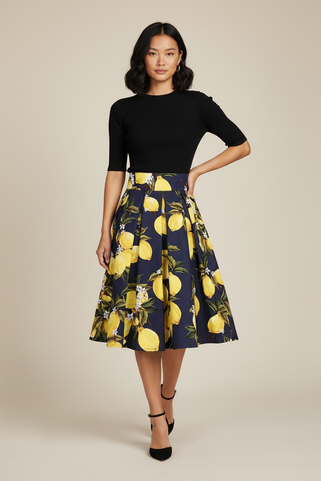 Jupe Plissée Motif Citron Bleu Marine Chic