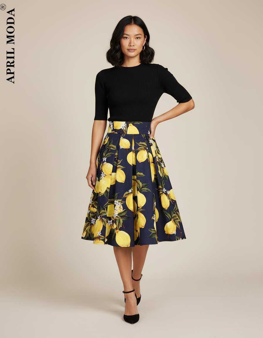 Jupe Plissée Motif Citron Bleu Marine Chic