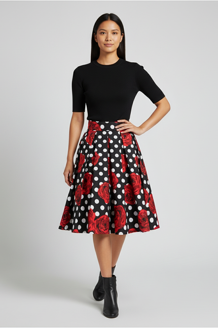 Jupe Plissée noir pois roses rétro