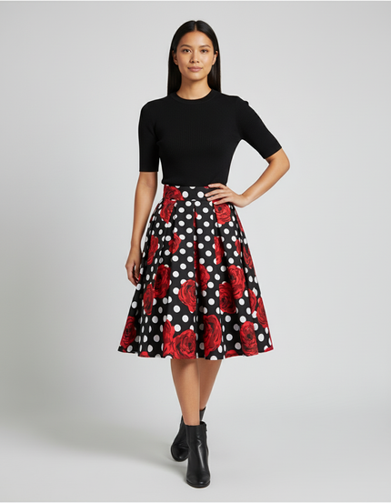 Jupe Plissée noir pois roses rétro