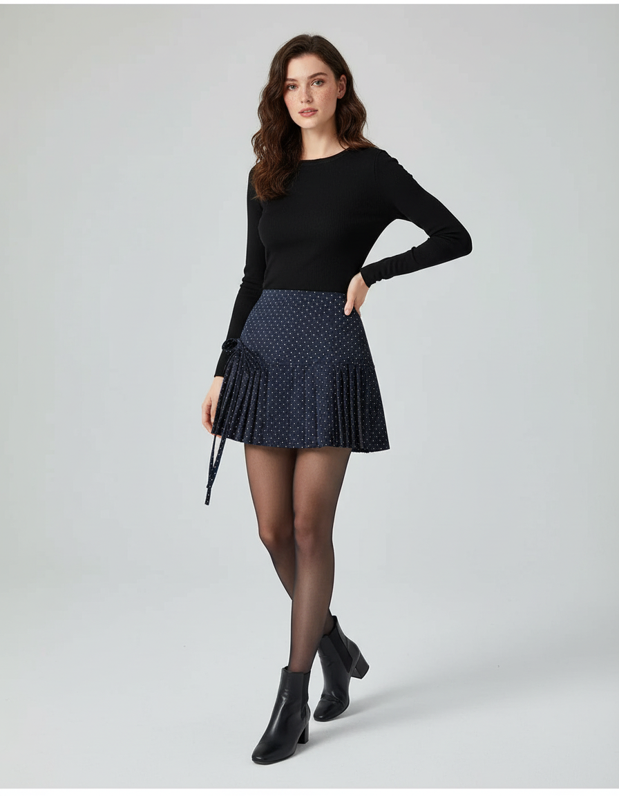 Jupe Plissée Bleu Marine À Pois Chic