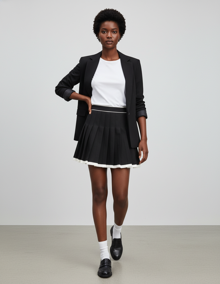 Jupe Plissée noire bord blanc chic