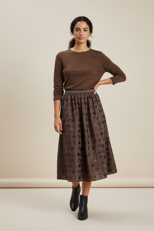 Jupe Plissée florale sequins élégante