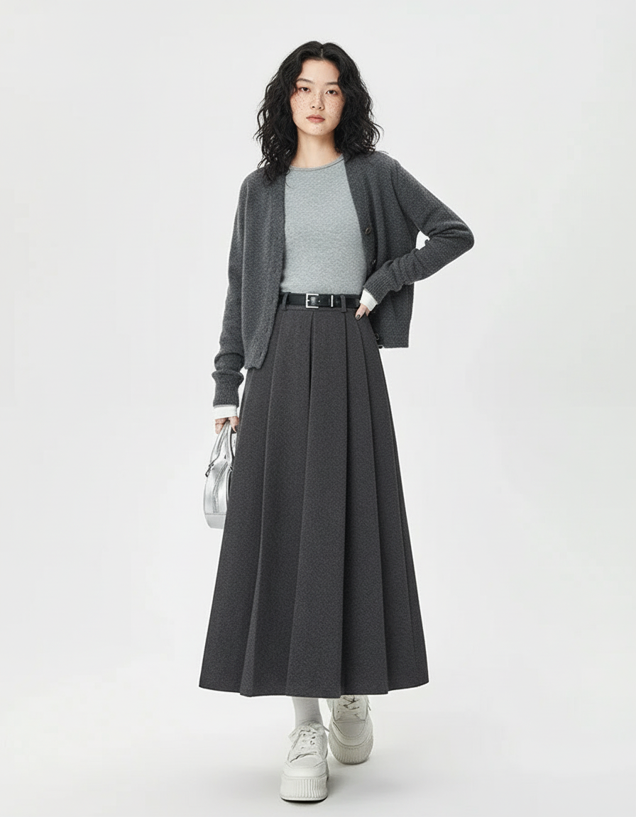 Jupe Plissée Laine Gris Anthracite Chic