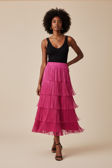 Jupe Plissée fuchsia à franges fluide