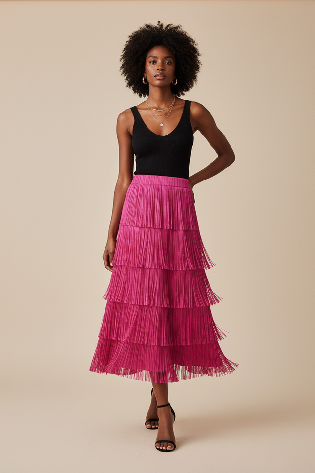 Jupe Plissée fuchsia à franges fluide