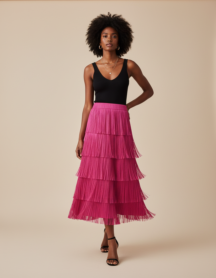 Jupe Plissée fuchsia à franges fluide