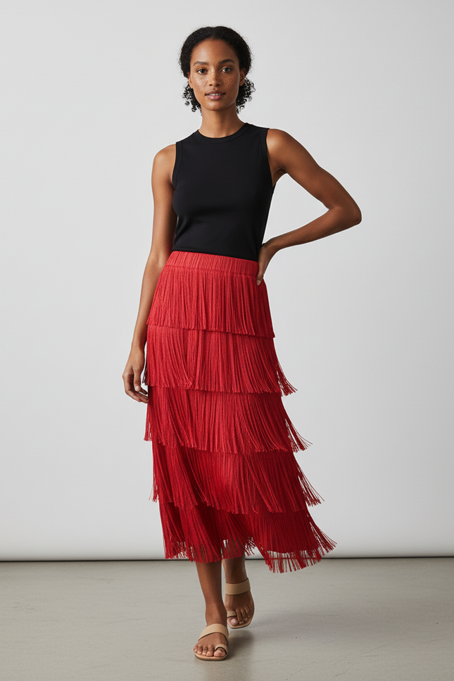 Jupe Plissée fluide rouge à franges