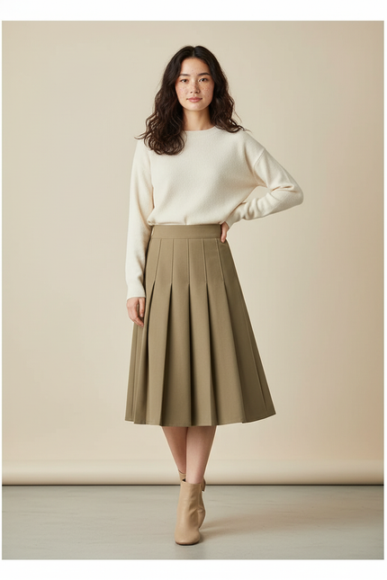 Jupe Plissée vert kaki midi chic