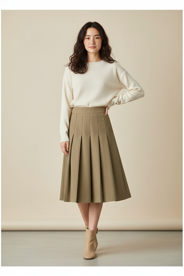 Jupe Plissée vert kaki midi chic