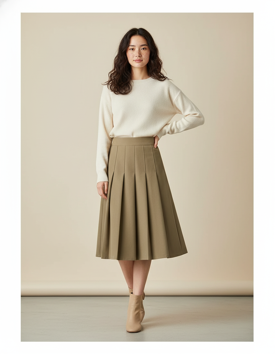 Jupe Plissée vert kaki midi chic