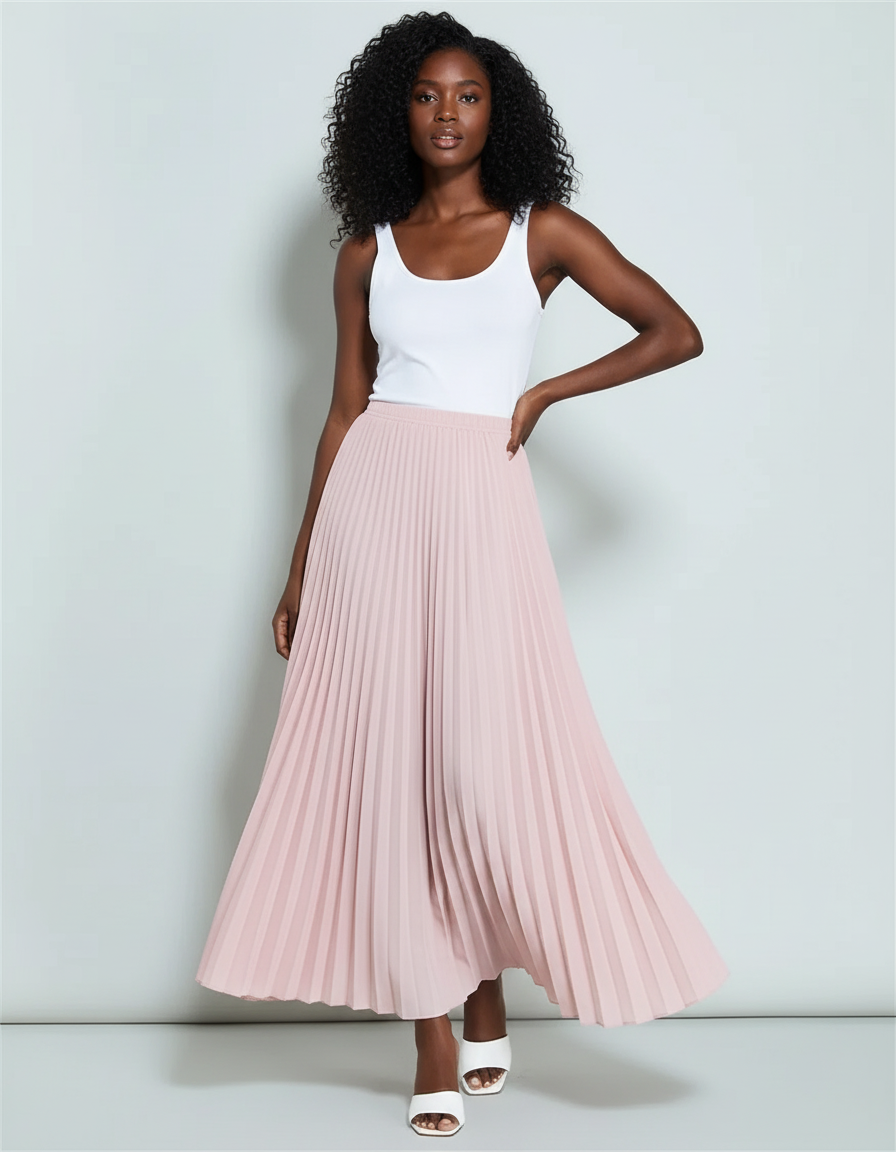 Jupe Plissée Rose pâle longue fluide
