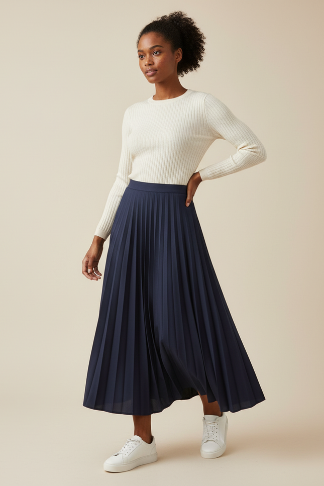 Jupe Plissée bleue marine taille haute élégante