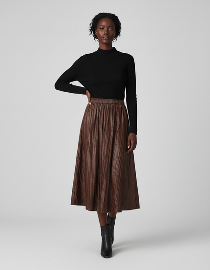 Jupe Plissée Marron Similicuir Fluide