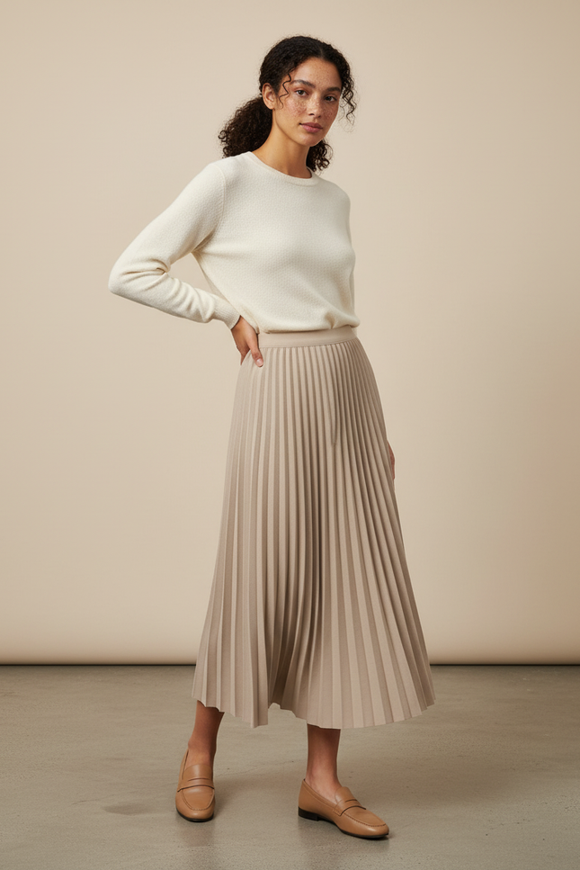 jupe plissée longue beige