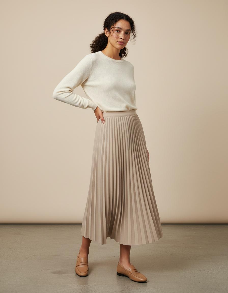 jupe plissée longue beige