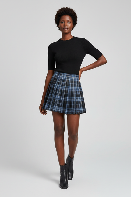 Jupe Plissée mini carreaux bleus chic