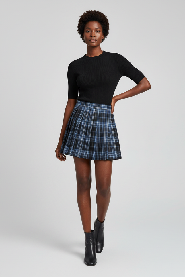 Jupe Plissée mini carreaux bleus chic
