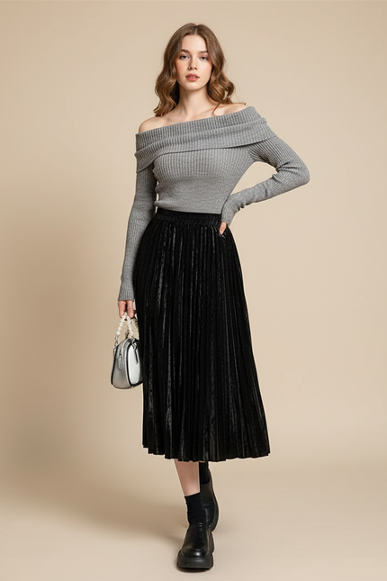 Jupe Plissée Velours Noir Chic