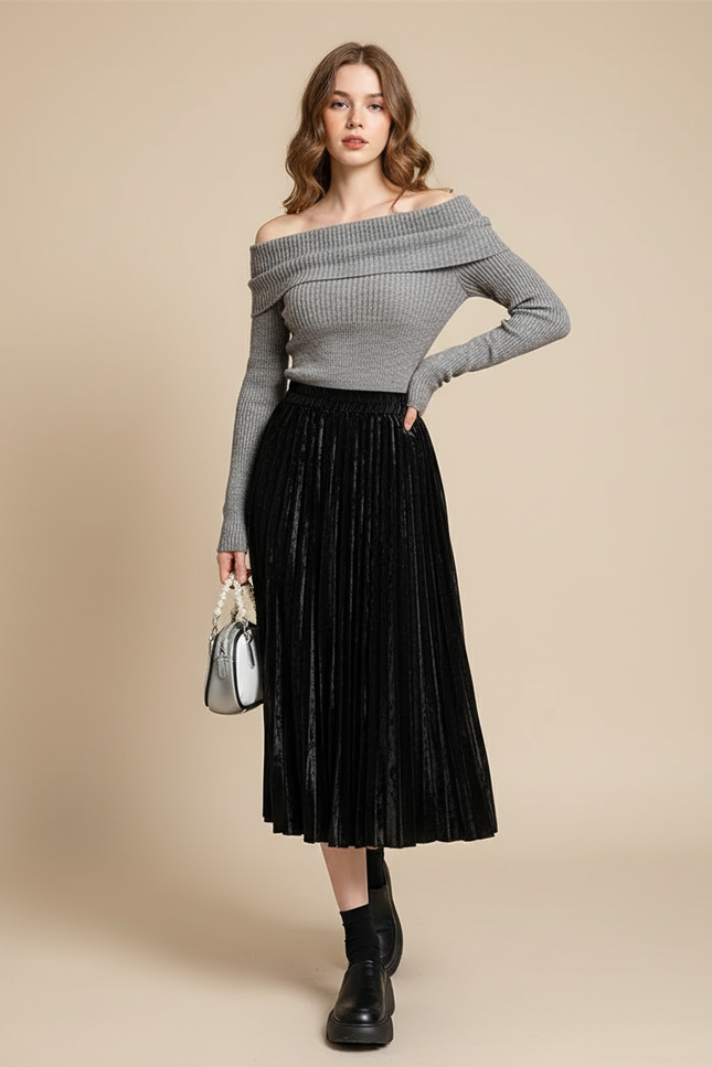 Jupe Plissée Velours Noir Chic