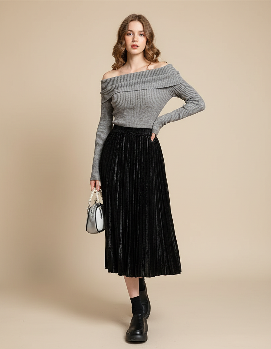 Jupe Plissée Velours Noir Chic