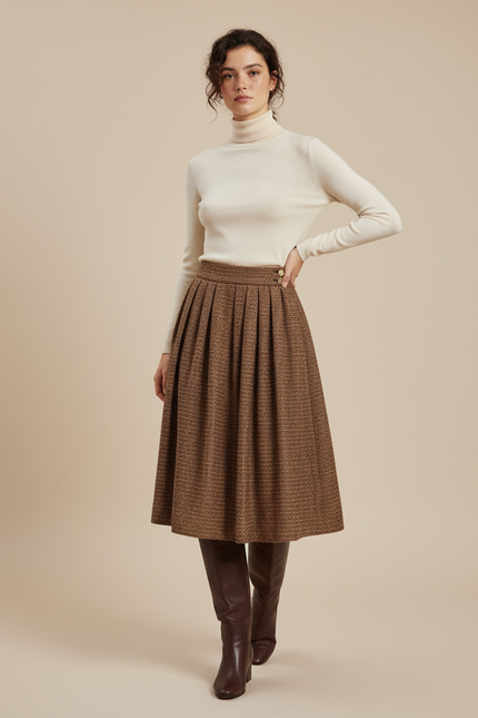 Jupe Plissée Marron Tweed élégante