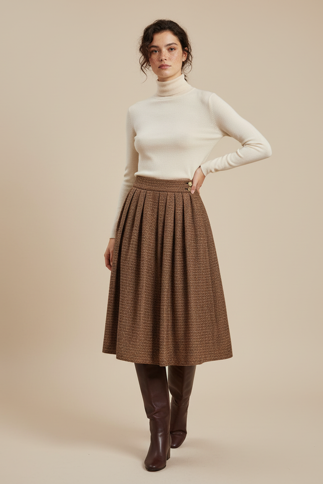 Jupe Plissée Marron Tweed élégante