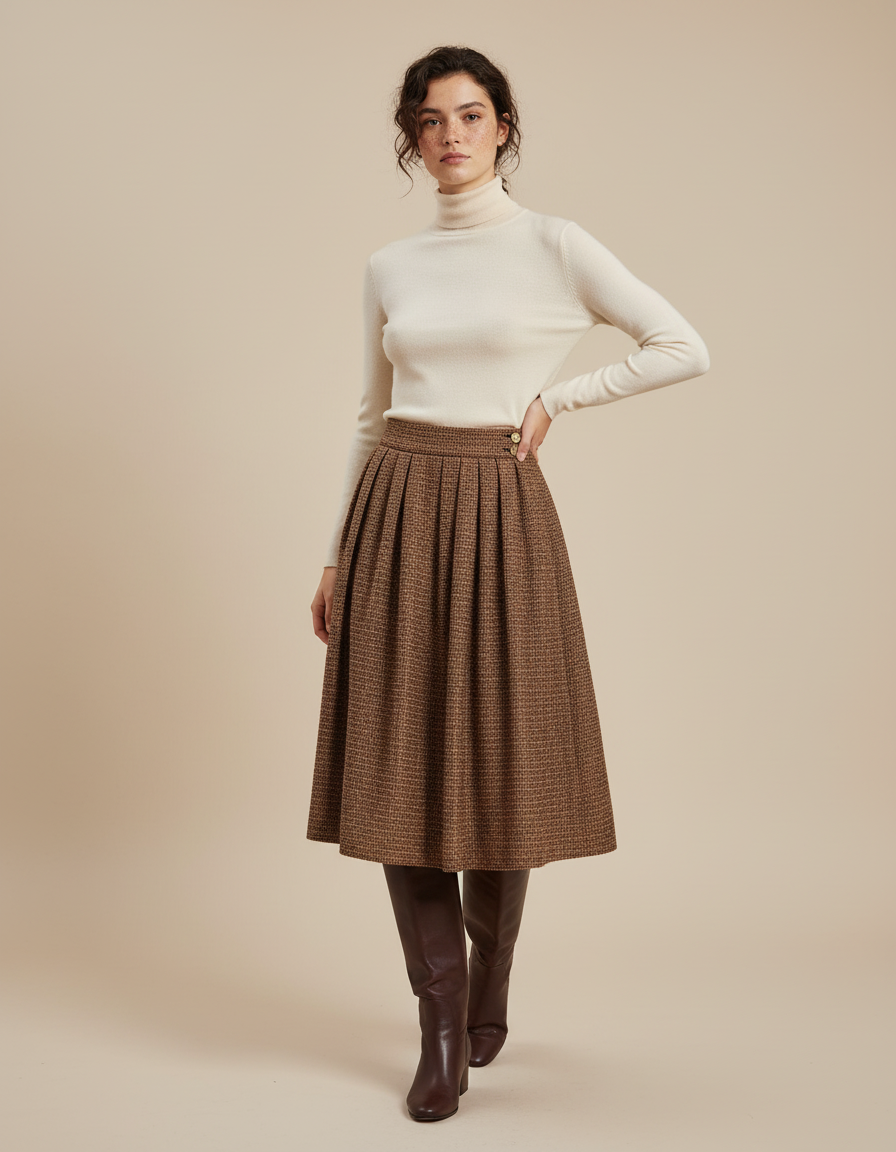 Jupe Plissée Marron Tweed élégante