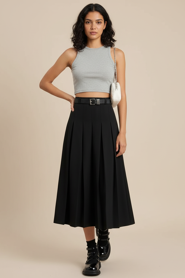 Jupe Plissée noire midi élégante