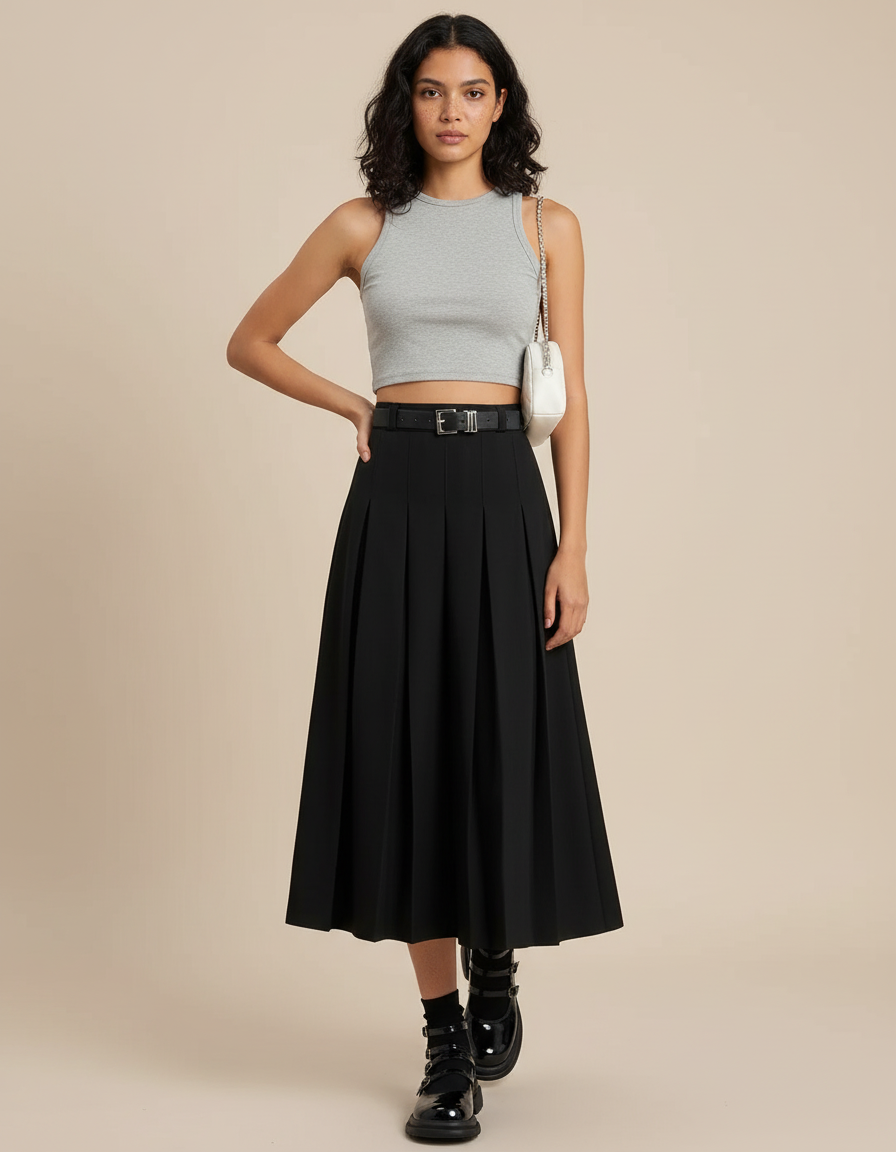 Jupe Plissée noire midi élégante