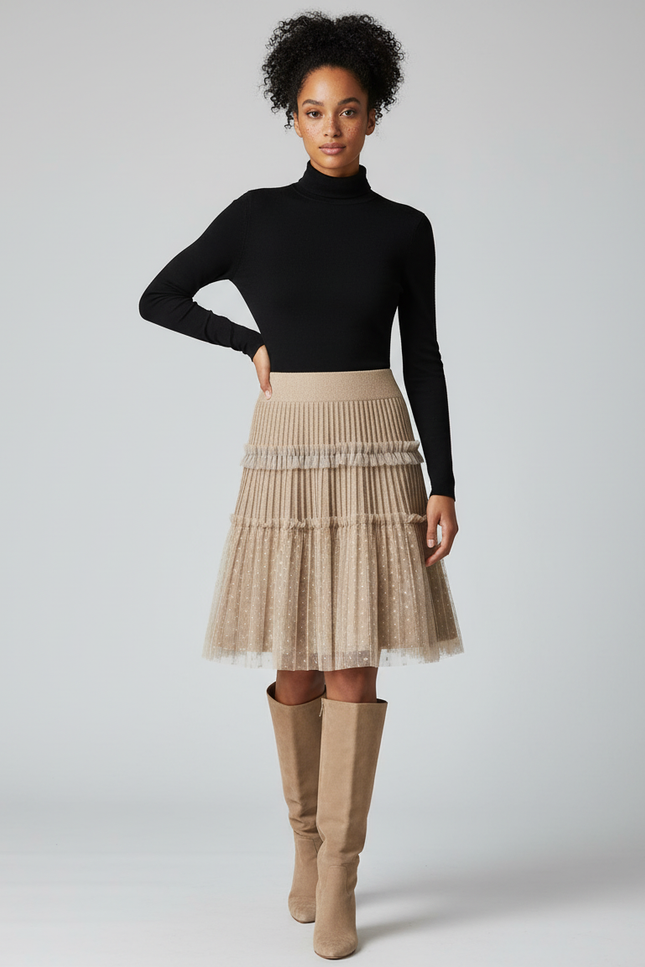 Jupe Plissée Khaki Maille Pois Chic