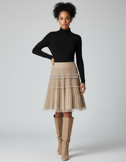 Jupe Plissée Khaki Maille Pois Chic