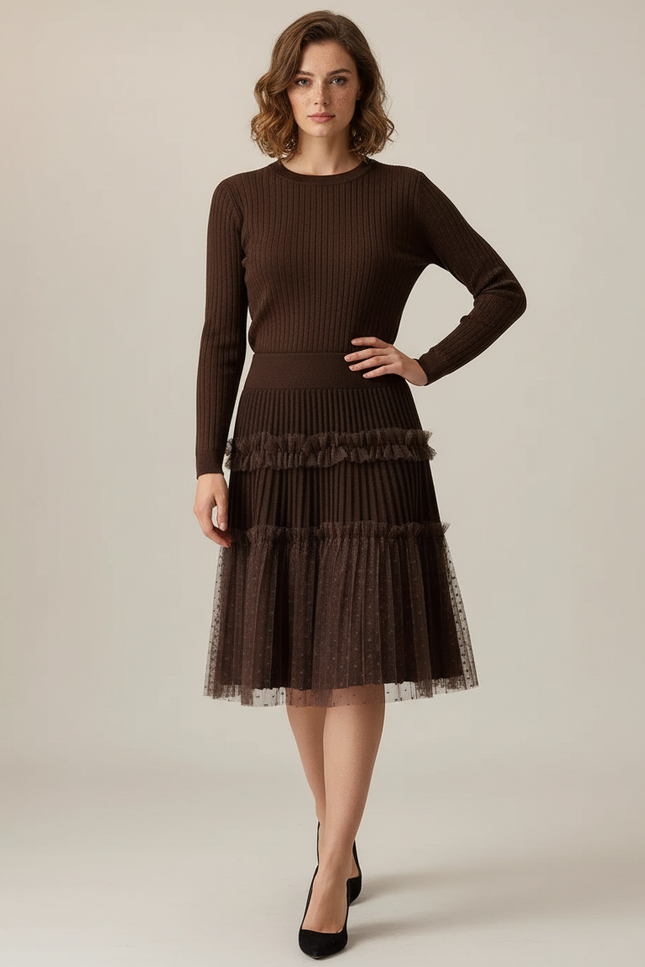 Jupe Plissée Marron Dentelle Chic